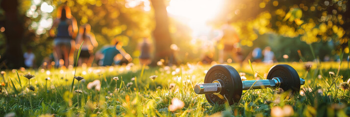 Morning sun filters through trees onto a peaceful park with scattered dumbbells for a workout session