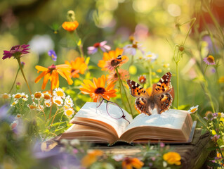 A painted lady butterfly rests on a page of an open book surrounded by vibrant garden flowers in full bloom