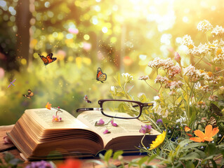 A whimsically arranged open book with butterflies and soft bokeh lights in a vibrant, enchanted garden setting
