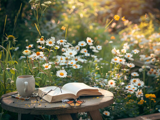 A serene setting with an open book, a cup of coffee, and a butterfly on a rustic wooden table in a lush flower garden