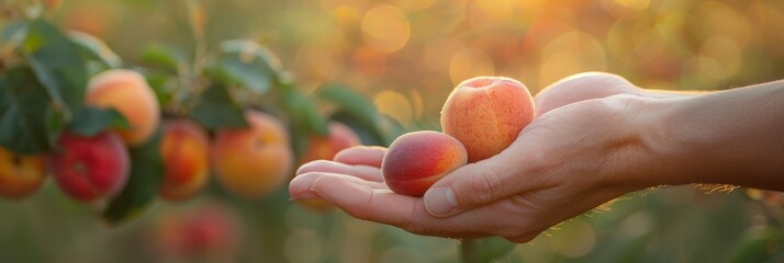 Hand holding ripe apricot with blurred background of apricot selection, copy space available - obrazy, fototapety, plakaty