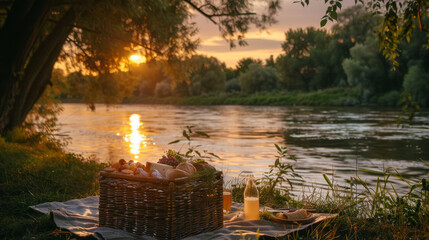 A magical picnic setup by the riverbank, with a lit candle, as the setting sun casts a warm glow
