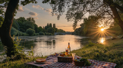 Serene golden hour picnic setup with wine and a basket full of treats on a riverbank