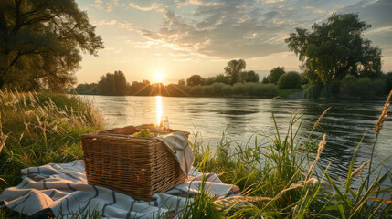 A tranquil picnic scene along a river with a setting sun, hinting at a quiet, relaxing end to the day