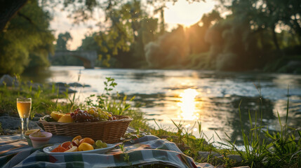 Peaceful riverside picnic scene with a fruit basket and wine during a mesmerizing sunset