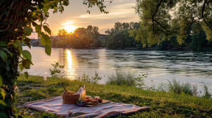 A riverside picnic scene at sunset with a spread of delectable treats on a blanket