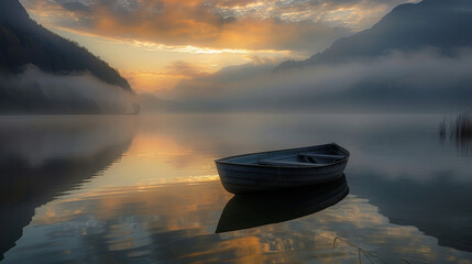A serene scene of a single boat floating in the quiet fog-covered lake as the sunrise paints the sky
