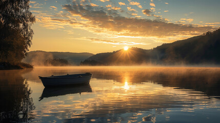 A serene, misty morning with a single rowboat on a calm lake as the sun rises over forested hills