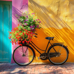 Vibrant flower-filled basket on a bicycle by a yellow and pink wall, reflecting the luminosity of the sun