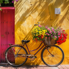 An antique bicycle with a basket of colorful flowers in front of a yellow wall and bright red door