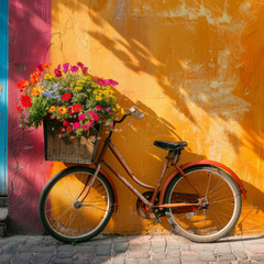 A vintage bicycle leaning against a brightly colored wall, basket filled with vibrant flowers