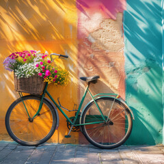A classic green bicycle with a basket full of fresh flowers, against a textured, colorful urban wall