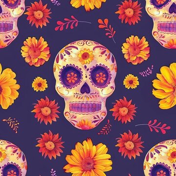 Textile art with sugar skulls and flower petals in a seamless pattern