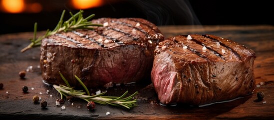 Two grassfed beef steaks are resting on a rustic wooden cutting board, ready to be cooked to perfection. These animal products are a delicious ingredient for any cuisine