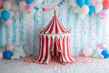 Obraz premium Decorated circus tent with balloons and confetti for a fun birthday party