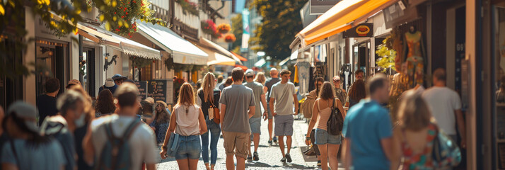 The warm sun bathes a crowded European street, where people stroll leisurely among local shops and cafes