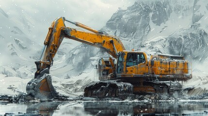 Excavator operating in a snowy mountain region, Concept of construction, heavy-duty machinery, and...