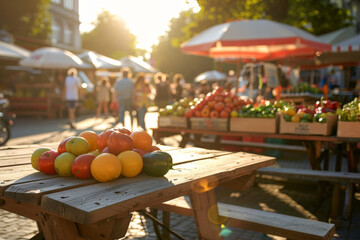 Warm sunset light casting over a market table filled with a variety of fresh fruits