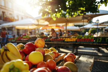 Morning capture of a market with plentiful fruits including bananas and apples with warm ambient light