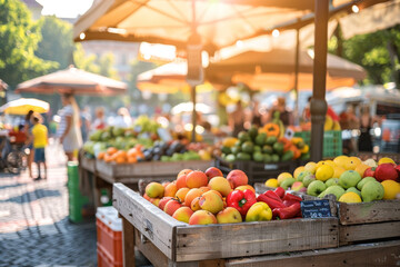 Bustling urban scene of a fruit market with focus on brightly colored peaches and oranges in the foreground