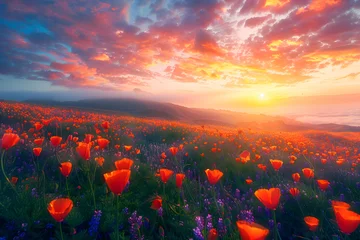 Foto op Plexiglas California's Poppy Fields at Dawn: A Tranquil High-Definition Landscape Wallpaper © Ollie