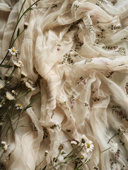 A close-up of a cream-colored fabric with a subtle botanical pattern intertwining with nature's delicate blooms