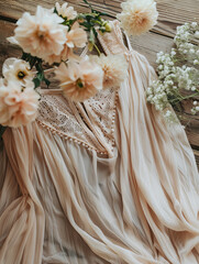 A detailed shot of a beige flowy dress with lace details and a bouquet of pale orange flowers on a wooden background
