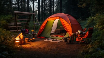 An orange tent with a sleeping bag, a kitchen set and a flashlight against the backdrop of a green clearing in the forest --ar 16:9 --quality 0.5 --v 5.2 Job ID: ffdea772-ac0f-4c27-83d0-4360fe819c85