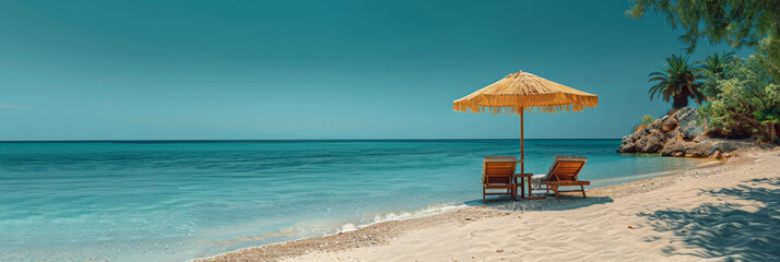 A picturesque beach spot with a natural straw umbrella and two loungers facing the clear blue sea and sky