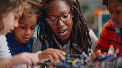 Enthusiastic science teacher interacting with curious students during a classroom activity, fostering a love for learning.