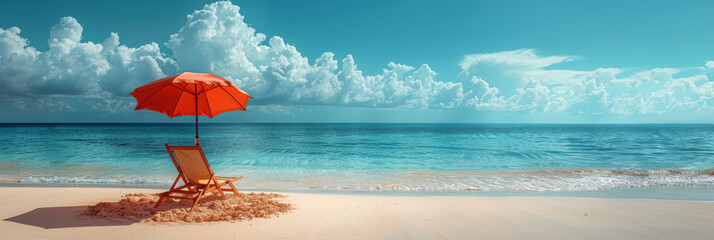 An inviting beach chair under a vibrant orange umbrella stands on a sandy beach against a clear blue sky