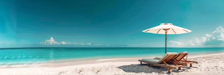 Side-by-side loungers under a white beach umbrella on pristine white sand looking out to the turquoise sea