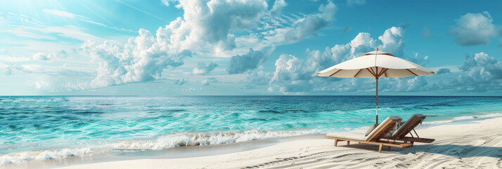 Two wooden sunbeds under an elegant white umbrella on a stunning tropical beach with vibrant turquoise waters