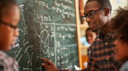 Close-up of a teacher explaining calculus concepts on a chalkboard to engaged students, fostering interactive learning in mathematics education.