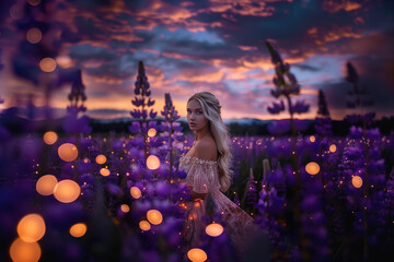 A blonde girl against the background of a blooming purple lupine field with lights and fireflies. A magical night portrait.