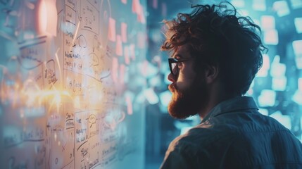 A thoughtful software developer with glasses is deeply focused on analyzing complex flowcharts and project timelines on a whiteboard. - obrazy, fototapety, plakaty