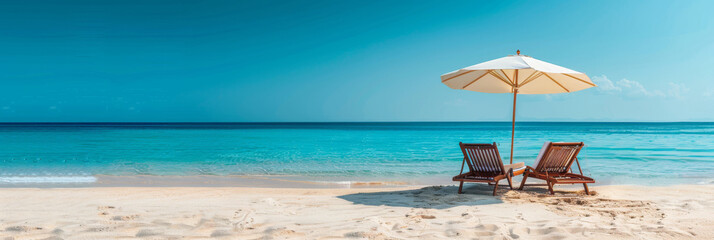A beautiful and serene beach landscape, featuring a single sun umbrella and two wooden, empty sun loungers on pristine white sand overlooking a clear blue sea and a bright blue sky