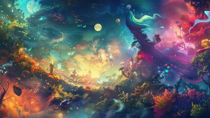 Vibrant close-up of whimsical and imaginative fantasy characters gracefully dancing amidst dreamy landscapes in an artistic wallpaper design, igniting the imagination. - obrazy, fototapety, plakaty