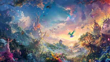 Fototapeta na wymiar Gracefully dancing amidst dreamy landscapes, vibrant close-up of whimsical fantasy characters in an artistic wallpaper design ignites the imagination.