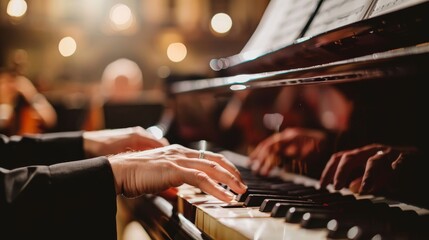 Skillfully executing intricate chords on a piano, a musician's fingers reveal an exquisite extreme close-up, epitomizing the synergy of music theory and composition. - obrazy, fototapety, plakaty
