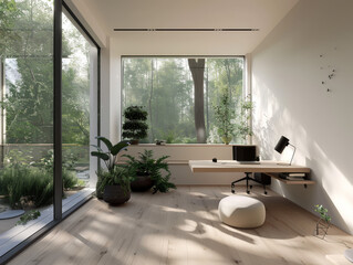 A serene home office setup with a large window overlooking a lush forest, providing a calming work environment