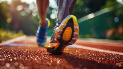 Precise close-up of a runner's shoes making impact with the track surface, demonstrating the power...