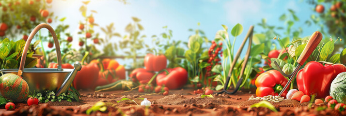 Lush garden landscape with vibrant red tomatoes, basket, and blue sky, representing fertility and growth - obrazy, fototapety, plakaty