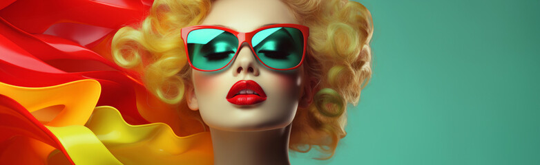 Sensual woman with glossy red lips and curly blonde hair wearing oversized sunglasses. Spectacular colorful advertising campaign