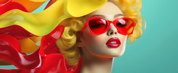 Stylish female model with oversized red sunglasses and vibrant red lips. Spectacular colorful advertising campaign