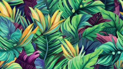 Fototapeta na wymiar Creative tropical green leaves layout, background. Nature spring concept. Flat lay