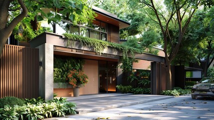 A main gate design with built-in planter boxes or greenery, adding a touch of natural beauty and eco-friendliness to the entrance of the modern house in