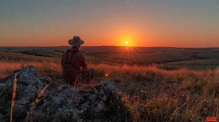 A solitary figure in a hat watches a spectacular sunset from a high vantage point overlooking rolling hills
