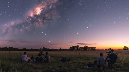A calm group of friends sit in a field enjoying the peaceful view of the twilight sky and the Milky Way