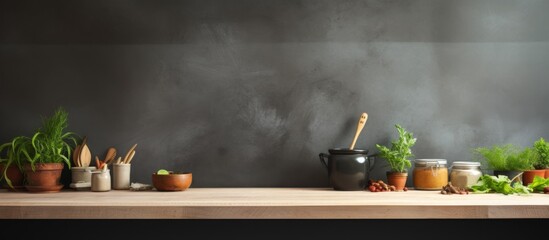 A hardwood table adorned with houseplants in flowerpots, kitchen utensils, and a gas burner. The table is next to a window with a view of the building - obrazy, fototapety, plakaty